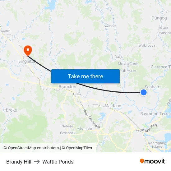 Brandy Hill to Wattle Ponds map