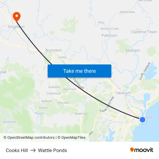 Cooks Hill to Wattle Ponds map