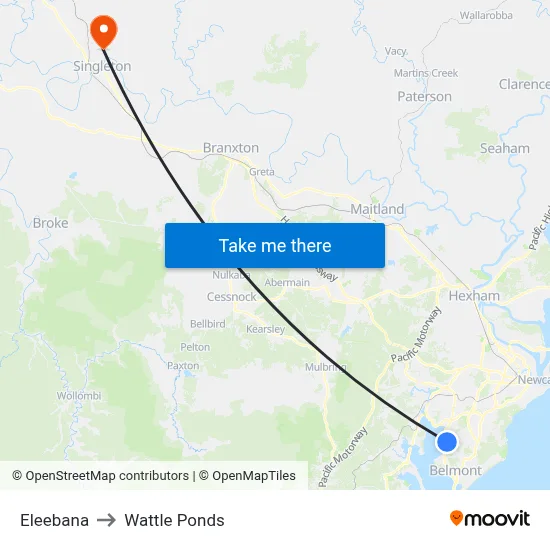 Eleebana to Wattle Ponds map