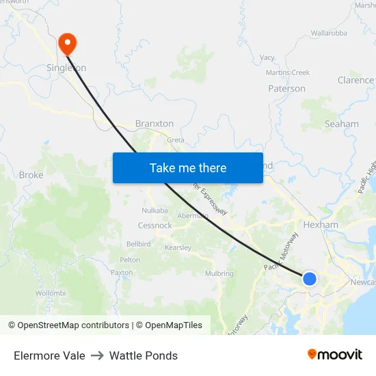 Elermore Vale to Wattle Ponds map