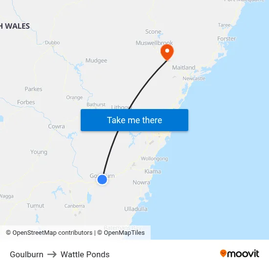 Goulburn to Wattle Ponds map
