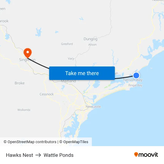 Hawks Nest to Wattle Ponds map