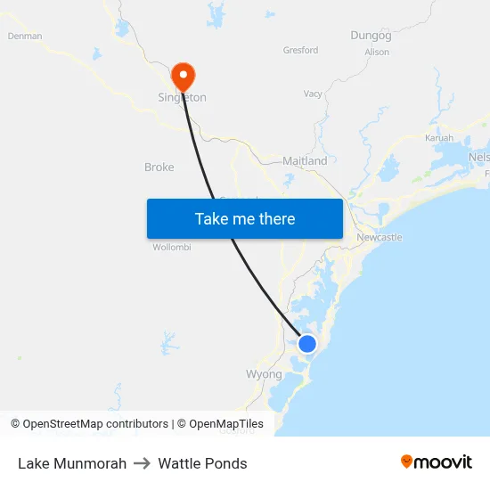 Lake Munmorah to Wattle Ponds map