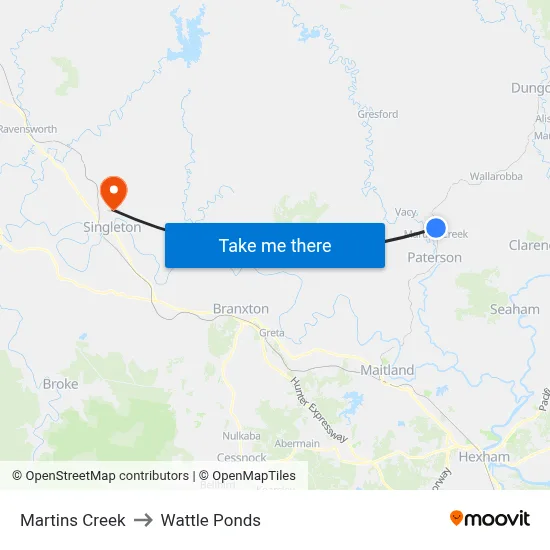 Martins Creek to Wattle Ponds map