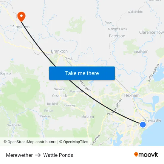 Merewether to Wattle Ponds map
