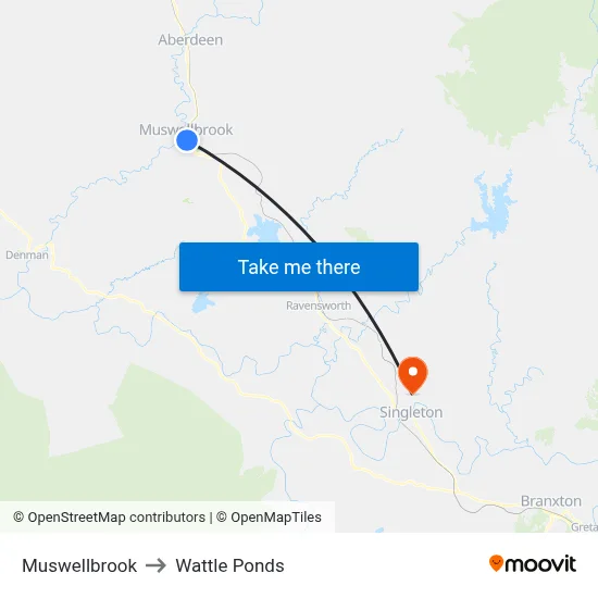 Muswellbrook to Wattle Ponds map