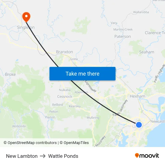 New Lambton to Wattle Ponds map