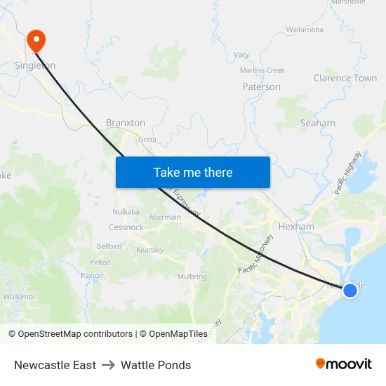 Newcastle East to Wattle Ponds map