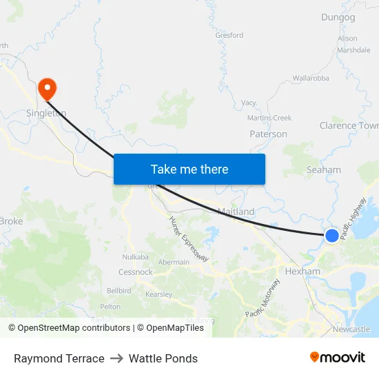 Raymond Terrace to Wattle Ponds map
