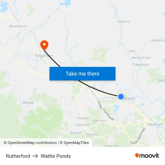 Rutherford to Wattle Ponds map