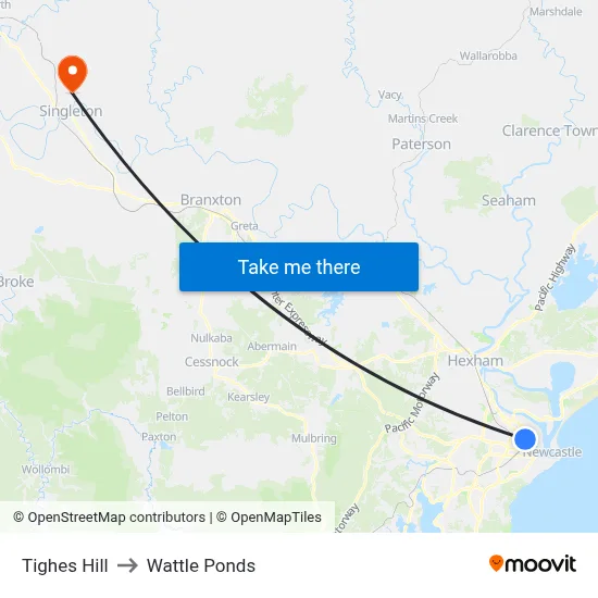 Tighes Hill to Wattle Ponds map