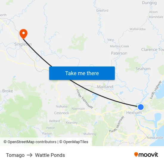 Tomago to Wattle Ponds map