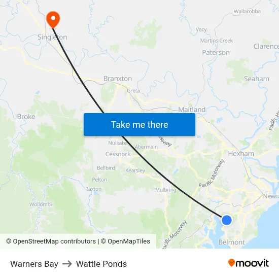 Warners Bay to Wattle Ponds map