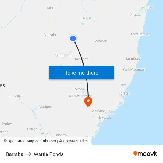 Barraba to Wattle Ponds map