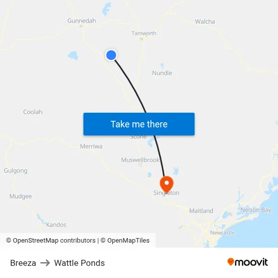 Breeza to Wattle Ponds map
