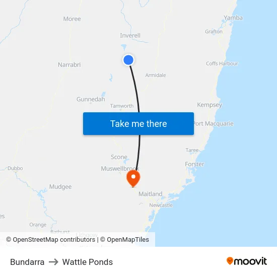Bundarra to Wattle Ponds map