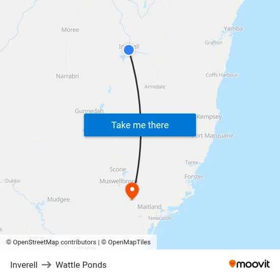 Inverell to Wattle Ponds map