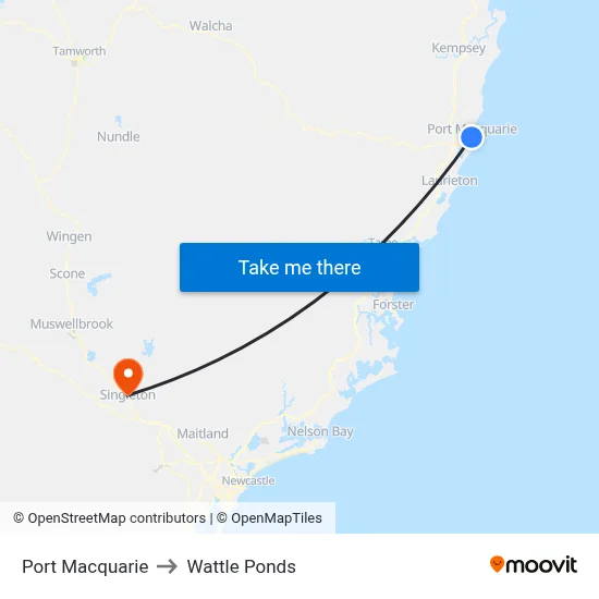 Port Macquarie to Wattle Ponds map