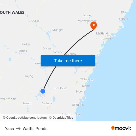 Yass to Wattle Ponds map