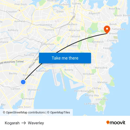 Kogarah to Waverley map