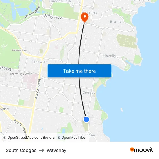 South Coogee to Waverley map
