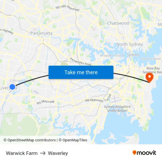 Warwick Farm to Waverley map