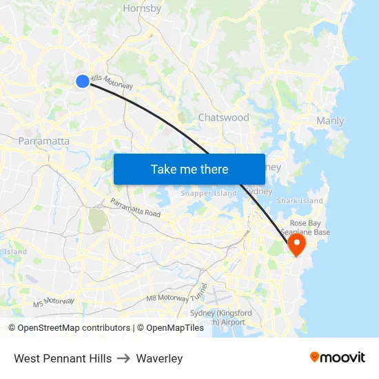 West Pennant Hills to Waverley map