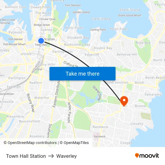 Town Hall Station to Waverley map