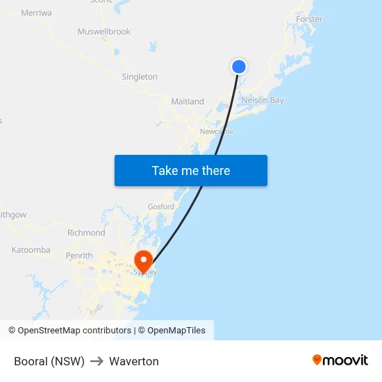 Booral (NSW) to Waverton map