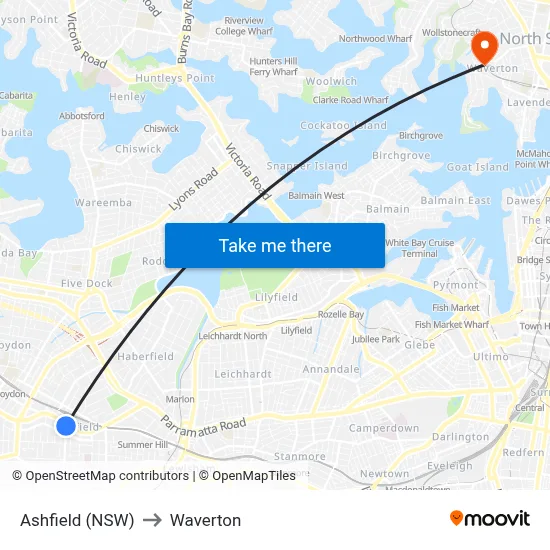 Ashfield (NSW) to Waverton map