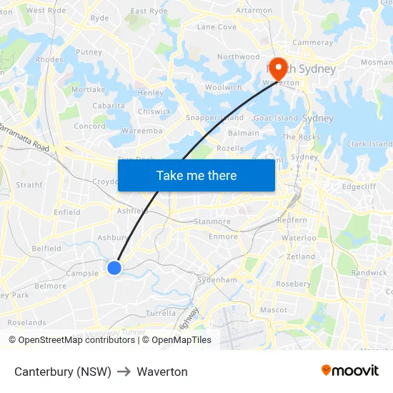Canterbury (NSW) to Waverton map