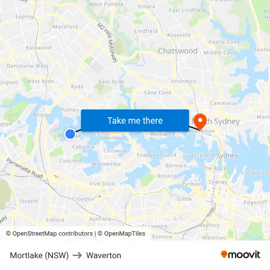 Mortlake (NSW) to Waverton map