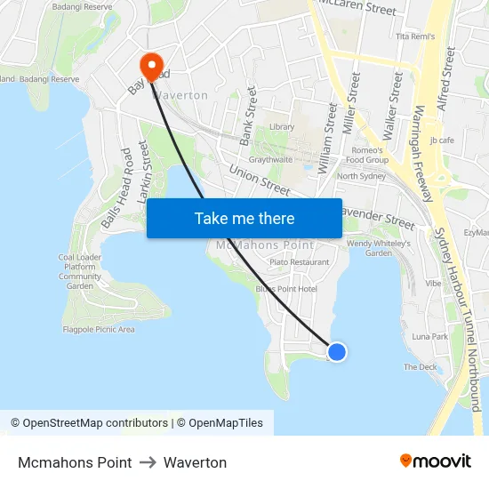 Mcmahons Point to Waverton map