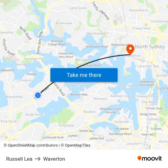 Russell Lea to Waverton map