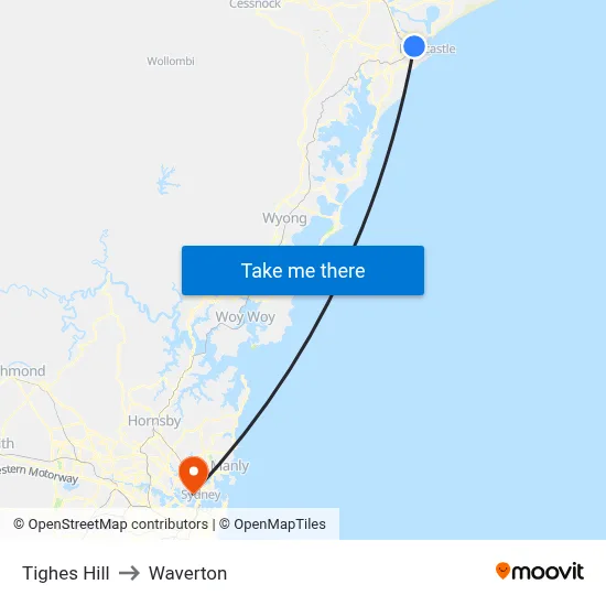 Tighes Hill to Waverton map