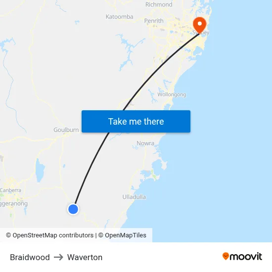 Braidwood to Waverton map