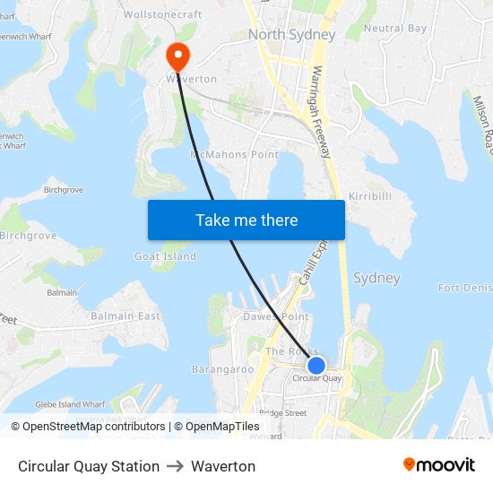 Circular Quay Station to Waverton map