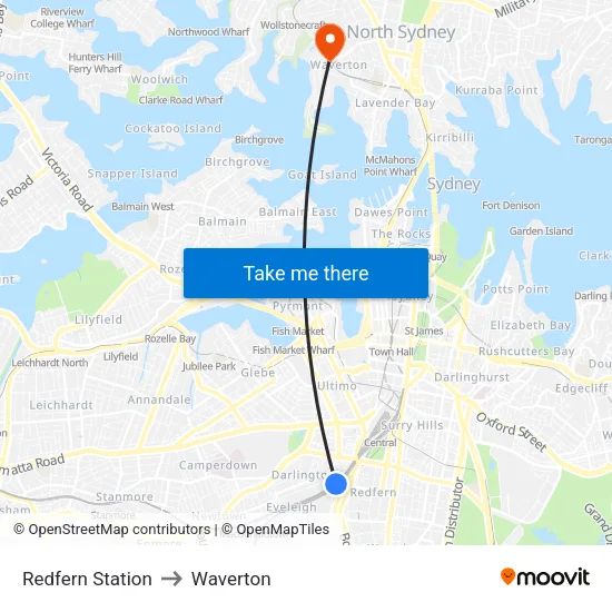 Redfern Station to Waverton map