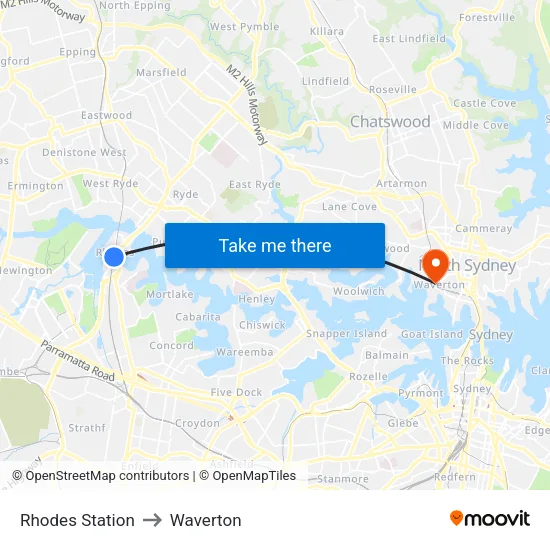 Rhodes Station to Waverton map