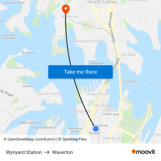 Wynyard Station to Waverton map