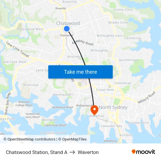 Chatswood Station, Stand A to Waverton map