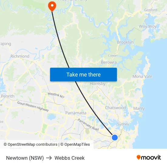 Newtown (NSW) to Webbs Creek map