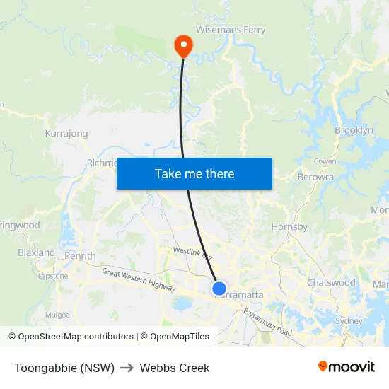 Toongabbie (NSW) to Webbs Creek map