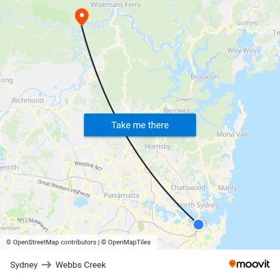 Sydney to Webbs Creek map