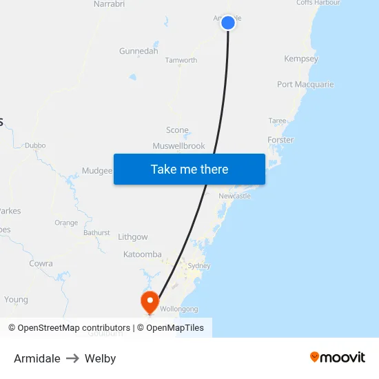 Armidale to Welby map