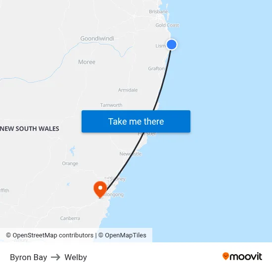 Byron Bay to Welby map
