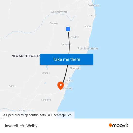 Inverell to Welby map
