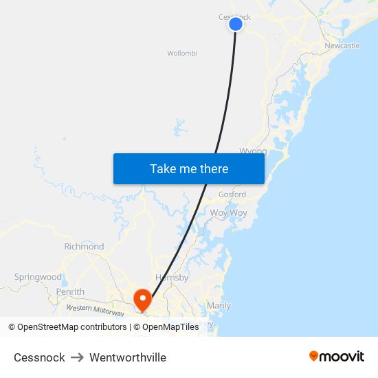 Cessnock to Wentworthville map