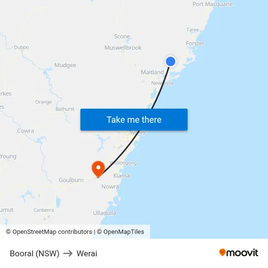 Booral (NSW) to Werai map
