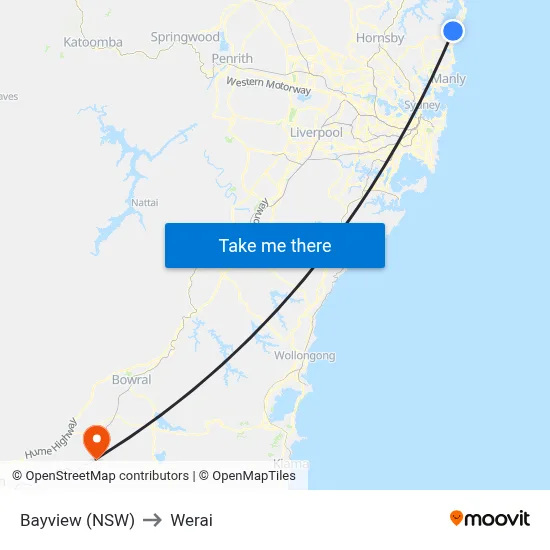 Bayview (NSW) to Werai map